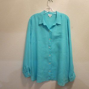love linen by J. Jill Aqua Green Long Sleeve, Button Down Shirt, XL